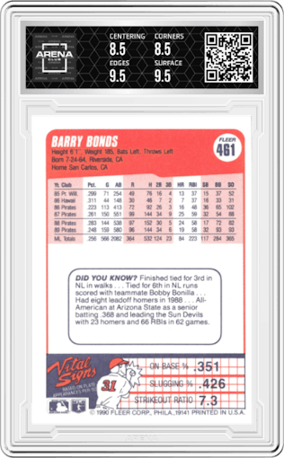 Barry Bonds from the 1990 Fleer  set graded by Arena Club and given an overall grade of 9.