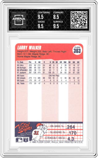 Larry Walker from the 1990 Fleer  set graded by Arena Club and given an overall grade of 9.