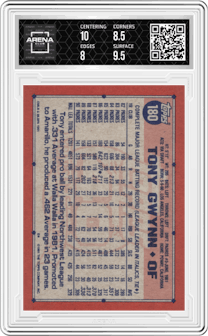 Tony Gwynn from the 1991 Topps set graded by Arena Club and given an overall grade of 8.5.