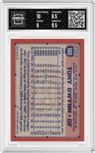 Tony Gwynn from the 1991 Topps set graded by Arena Club and given an overall grade of 8.5.