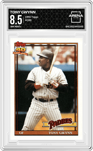 Tony Gwynn from the 1991 Topps set graded by Arena Club and given an overall grade of 8.5.