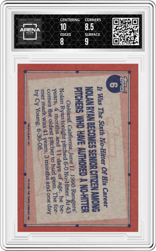 Nolan Ryan from the 1991 Topps set graded by Arena Club and given an overall grade of 8.5.