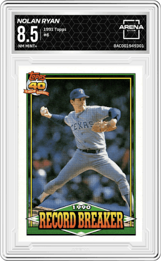 Nolan Ryan from the 1991 Topps set graded by Arena Club and given an overall grade of 8.5.