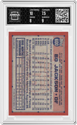 Bo Jackson from the 1991 Topps set graded by Arena Club and given an overall grade of 8.