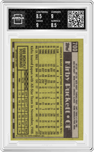 Kirby Puckett from the 1990 Topps set graded by Arena Club and given an overall grade of 9.