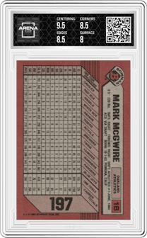 Mark McGwire from the 1989 Bowman set graded by Arena Club and given an overall grade of 8.5.