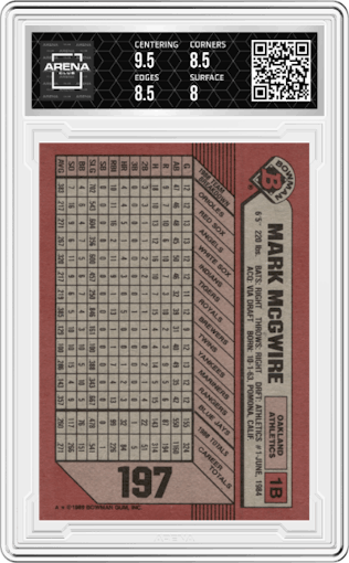 Mark McGwire from the 1989 Bowman set graded by Arena Club and given an overall grade of 8.5.