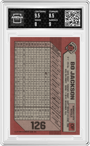 Bo Jackson from the 1989 Bowman set graded by Arena Club and given an overall grade of 8.5.