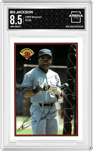 Bo Jackson from the 1989 Bowman set graded by Arena Club and given an overall grade of 8.5.