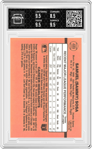 Sammy Sosa from the 1990 Donruss set graded by Arena Club and given an overall grade of 9.