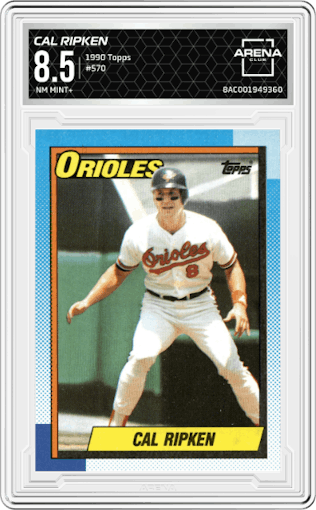 Cal Ripken from the 1990 Topps set graded by Arena Club and given an overall grade of 8.5.
