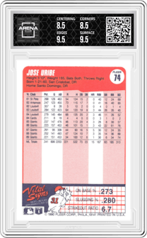 Jose Uribe from the 1990 Fleer  set graded by Arena Club and given an overall grade of 9.