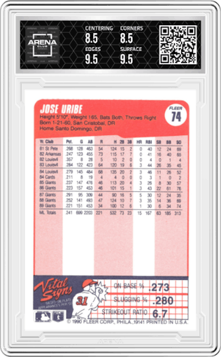 Jose Uribe from the 1990 Fleer  set graded by Arena Club and given an overall grade of 9.
