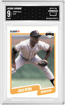 Jose Uribe from the 1990 Fleer  set graded by Arena Club and given an overall grade of 9.