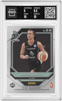 Sabrina Ionescu from the 2021 Panini Prizm WNBA  set graded by Arena Club and given an overall grade of 9.5.