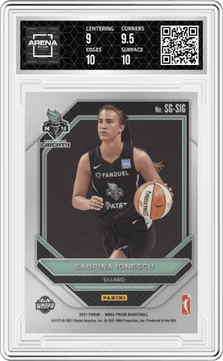 Sabrina Ionescu from the 2021 Panini Prizm WNBA  set graded by Arena Club and given an overall grade of 9.5.