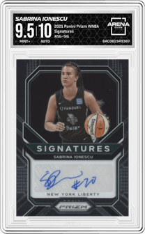 Sabrina Ionescu from the 2021 Panini Prizm WNBA  set graded by Arena Club and given an overall grade of 9.5.