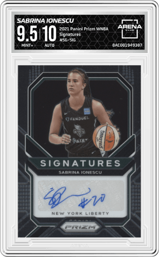 Sabrina Ionescu from the 2021 Panini Prizm WNBA  set graded by Arena Club and given an overall grade of 9.5.