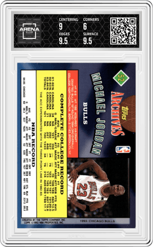 Michael Jordan from the 1992-93 Topps Archives set graded by Arena Club and given an overall grade of 6.5.