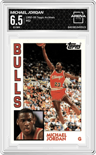 Michael Jordan from the 1992-93 Topps Archives set graded by Arena Club and given an overall grade of 6.5.