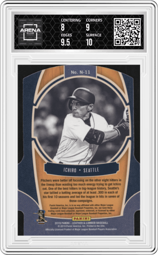 Ichiro from the 2019 Panini Leather & Lumber set graded by Arena Club and given an overall grade of 8.5.