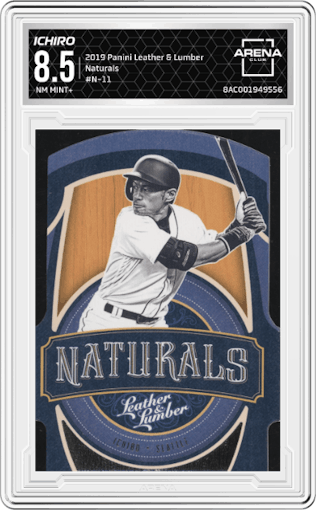 Ichiro from the 2019 Panini Leather & Lumber set graded by Arena Club and given an overall grade of 8.5.