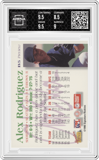 Alex Rodriguez from the 1996 Signature Rookies Auto-Bilia set graded by Arena Club and given an overall grade of 9.