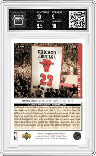 Michael Jordan  from the 1994-95 Upper Deck Collector's Choice set graded by Arena Club and given an overall grade of 9.5.