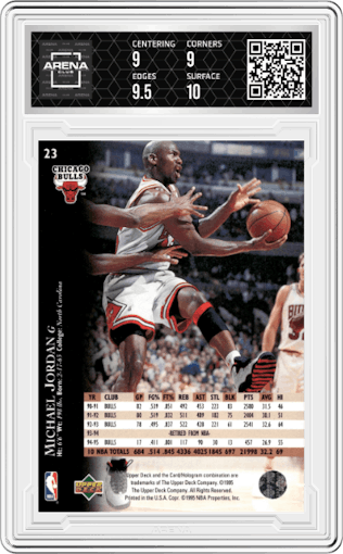 Michael Jordan from the 1995-96 Upper Deck  set graded by Arena Club and given an overall grade of 9.5.