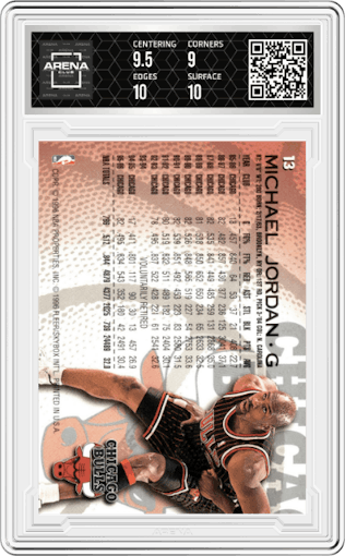 Michael Jordan from the 1996-97 Fleer set graded by Arena Club and given an overall grade of 9.5.
