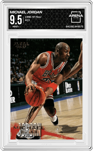 Michael Jordan from the 1996-97 Fleer set graded by Arena Club and given an overall grade of 9.5.