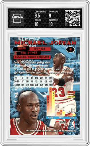 Michael Jordan from the 1995-96 Topps Stadium Club set graded by Arena Club and given an overall grade of 9.5.