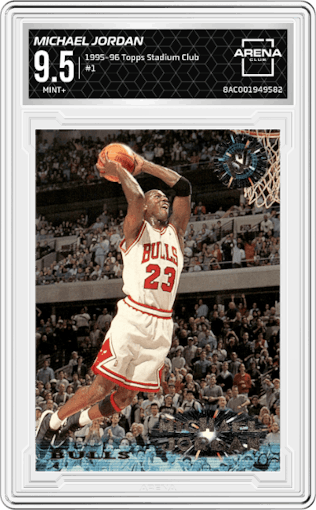 Michael Jordan from the 1995-96 Topps Stadium Club set graded by Arena Club and given an overall grade of 9.5.