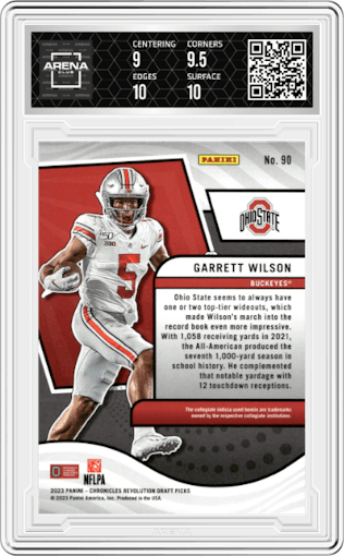 Garrett Wilson  from the 2023 Panini Chronicles Draft Picks set graded by Arena Club and given an overall grade of 9.5.