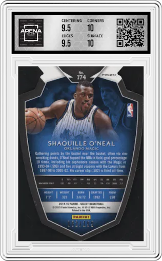 Shaquille O'Neal from the 2014-15 Panini Select set featuring a Die-Cut Light Blue  parallel graded by Arena Club and given an overall grade of 10.