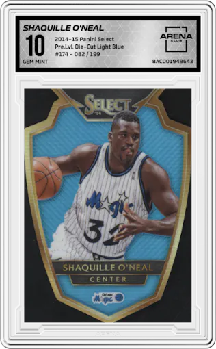 Shaquille O'Neal from the 2014-15 Panini Select set featuring a Die-Cut Light Blue  parallel graded by Arena Club and given an overall grade of 10.