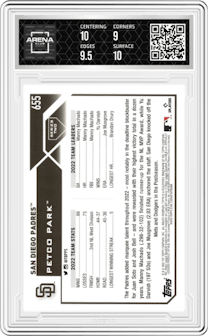 San Diego Padres from the 2023 Topps set featuring a Gold Foil parallel graded by Arena Club and given an overall grade of 9.5.