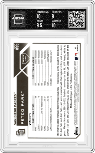 San Diego Padres from the 2023 Topps set featuring a Gold Foil parallel graded by Arena Club and given an overall grade of 9.5.