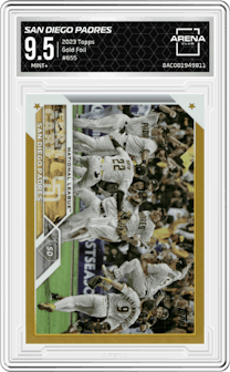 San Diego Padres from the 2023 Topps set featuring a Gold Foil parallel graded by Arena Club and given an overall grade of 9.5.