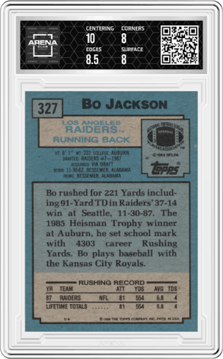 Bo Jackson from the 1988 Topps set graded by Arena Club and given an overall grade of 8.5.