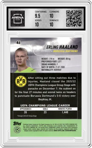 Erling Haaland from the 2021-22 Topps Stadium Club Chrome UEFA Champions League set graded by Arena Club and given an overall grade of 10.