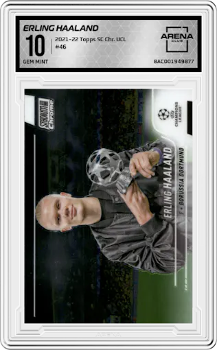 Erling Haaland from the 2021-22 Topps Stadium Club Chrome UEFA Champions League set graded by Arena Club and given an overall grade of 10.
