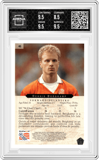 Dennis Bergkamp from the 1994 Upper Deck World Cup Heroes and All-Stars set graded by Arena Club and given an overall grade of 9.