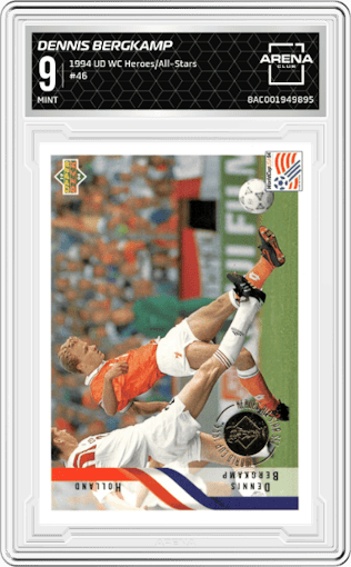 Dennis Bergkamp from the 1994 Upper Deck World Cup Heroes and All-Stars set graded by Arena Club and given an overall grade of 9.
