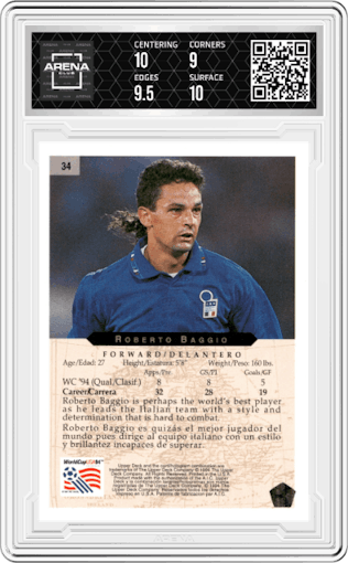 Roberto Baggio from the 1994 Upper Deck World Cup Heroes and All-Stars set graded by Arena Club and given an overall grade of 9.5.