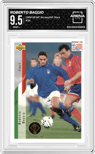 Roberto Baggio from the 1994 Upper Deck World Cup Heroes and All-Stars set graded by Arena Club and given an overall grade of 9.5.