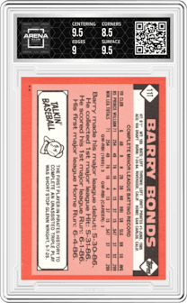 Barry Bonds from the 1986 Topps Traded set graded by Arena Club and given an overall grade of 9.