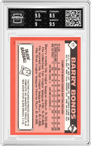 Barry Bonds from the 1986 Topps Traded set graded by Arena Club and given an overall grade of 9.