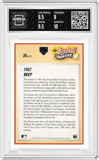Hank Aaron from the 1991 Upper Deck set graded by Arena Club and given an overall grade of 9.5.