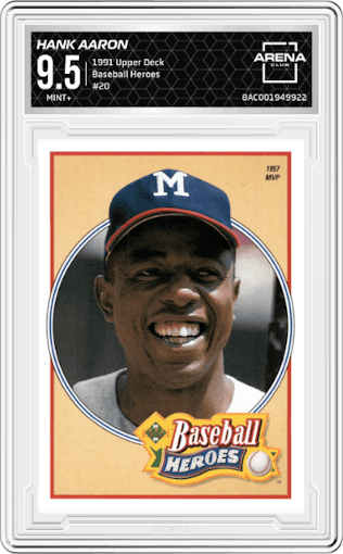 Hank Aaron from the 1991 Upper Deck set graded by Arena Club and given an overall grade of 9.5.